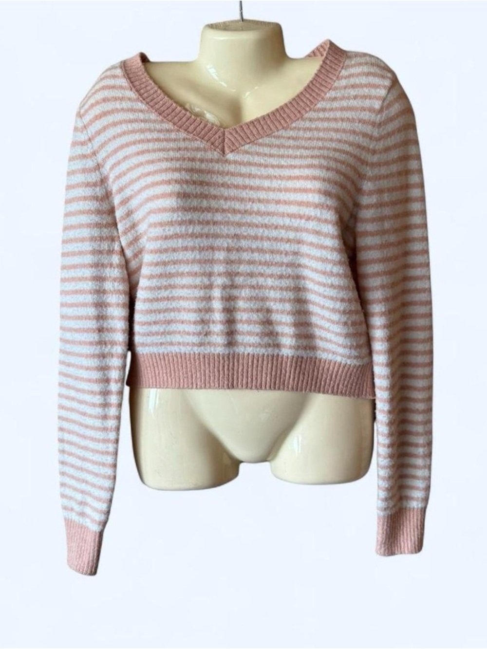 American Eagle Outfitters Striped V-Neck Sweater in Pink & White